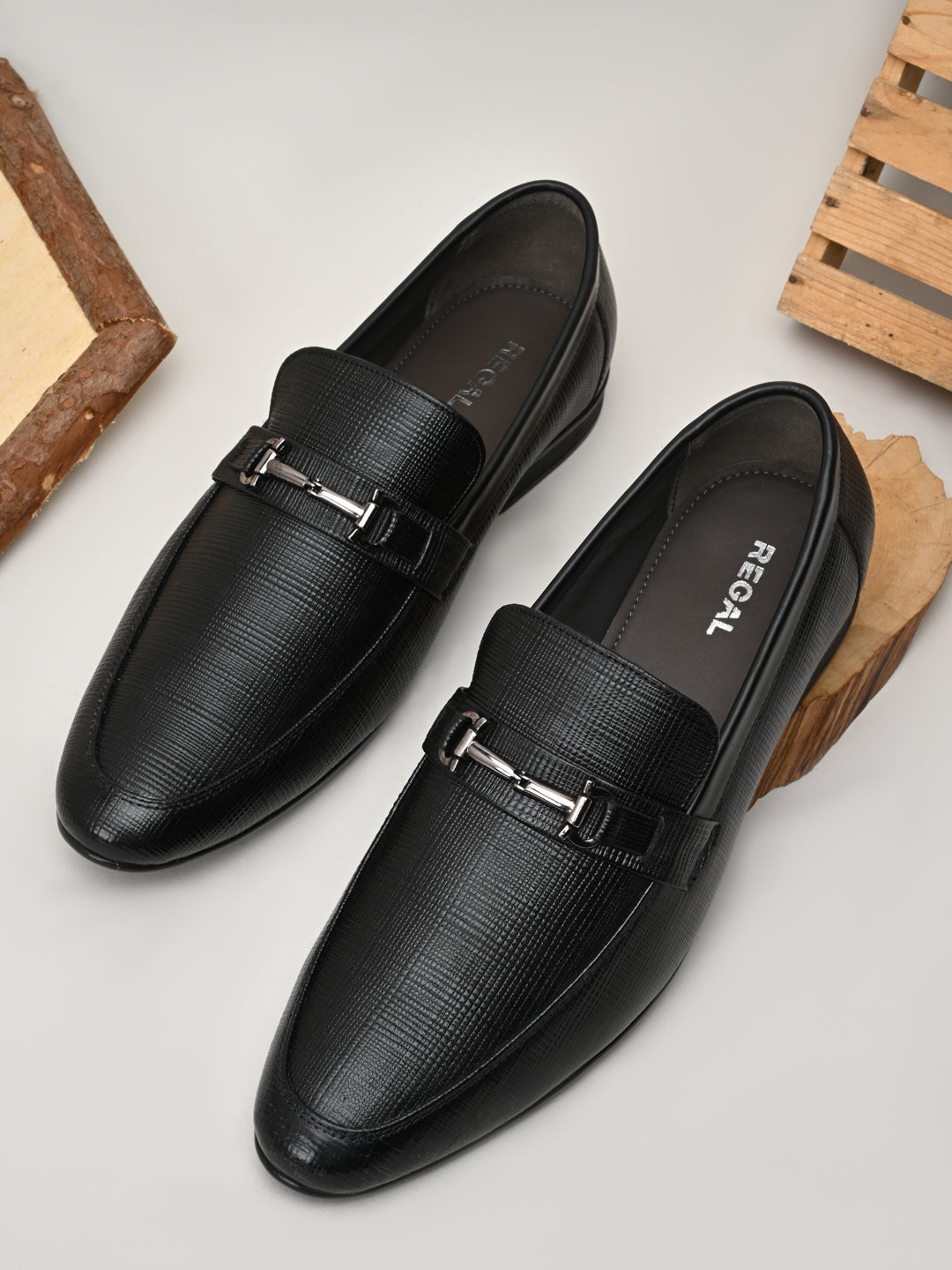 Shop Regal Black Mens Textured Leather Buckled Slip Ons Online display picture 1