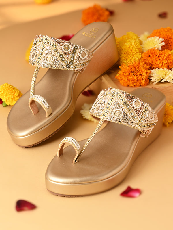 Rocia By Regal Gold Women One Toe Embroidered Wedges