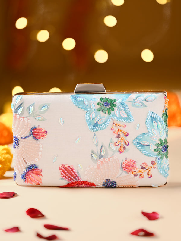 Rocia By Regal Cream Women Printed And Embroidered Metal Frame Clutch