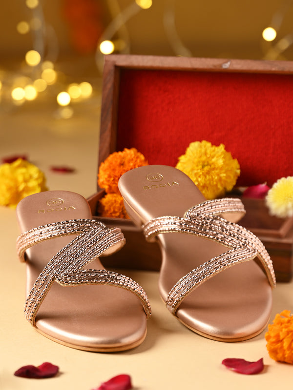Rocia By Regal Rose Gold Women Hand Embroidered Zig-Zag Flats