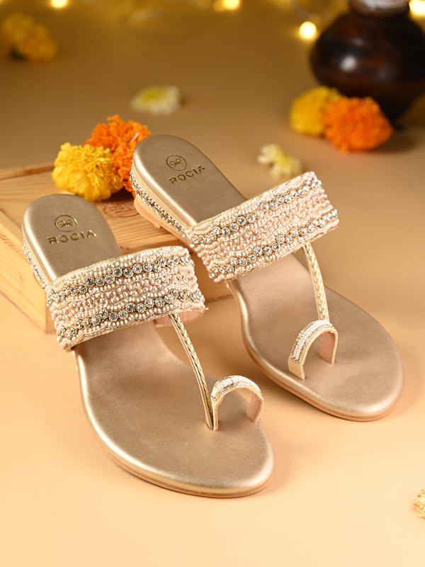 Rocia By Regal Gold Women One Toe Hand Embroidered Small Embellished Wedge