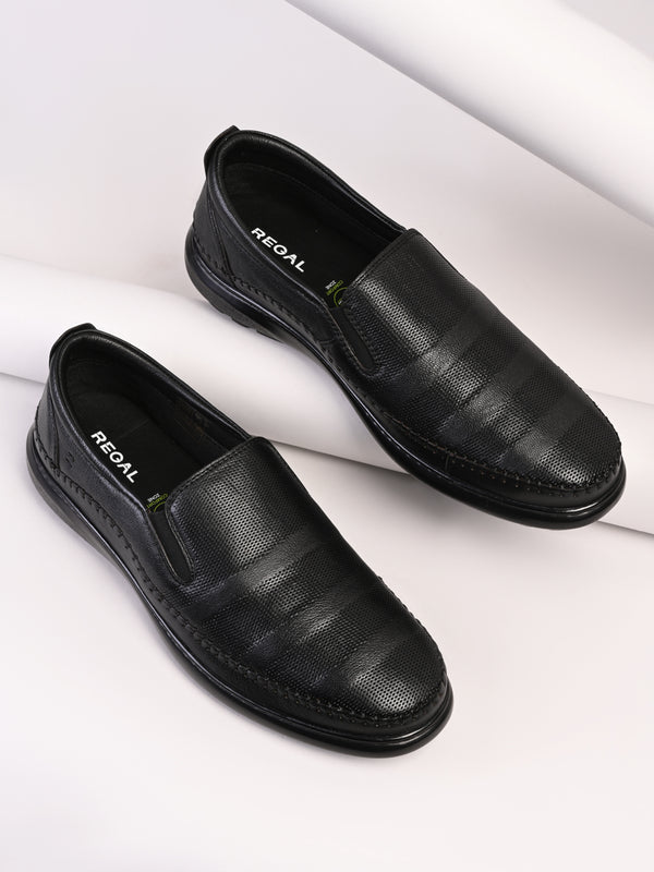 Regal Black Mens Patterned Leather Casual Slip Ons