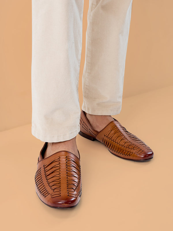 Regal Tan Mens Stylish Leather Woven Slip Ons