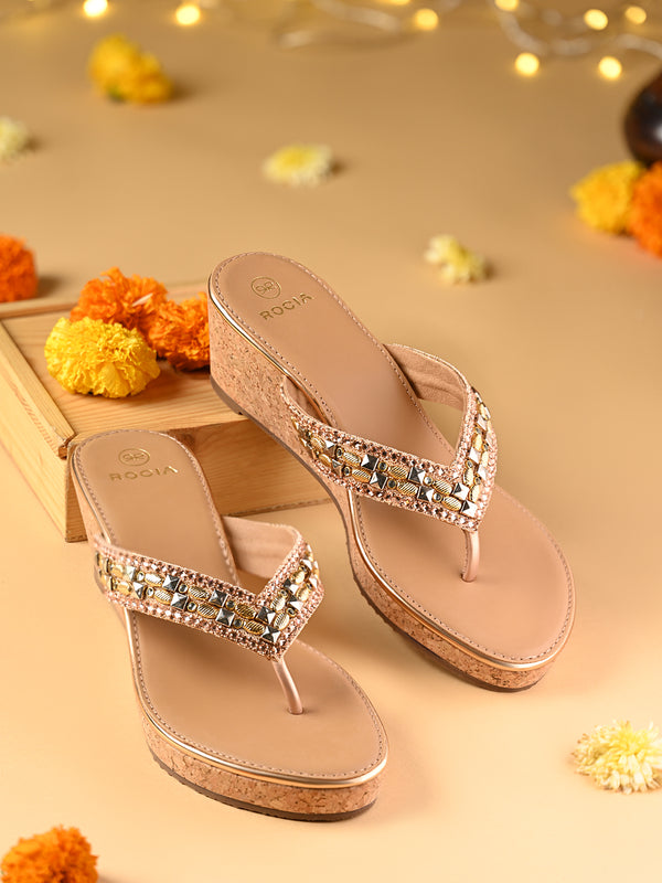 Rocia By Regal Rose Gold Women Cork Covered Embroidered Wedges