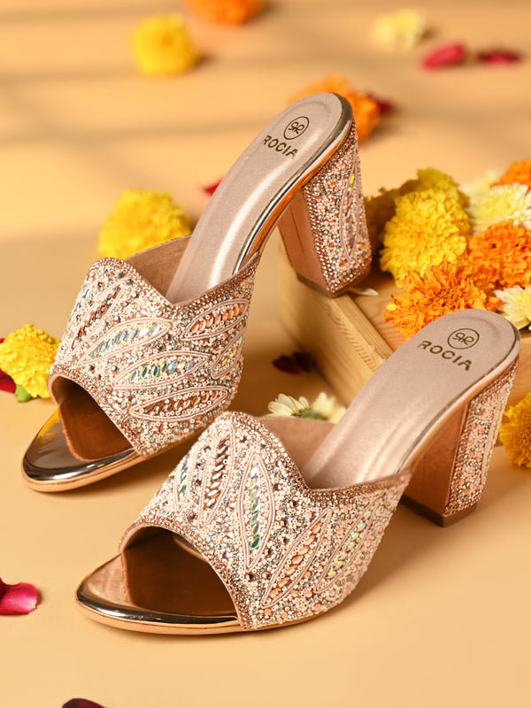 Rocia By Regal Rose Gold Women Heavy Embroidered High Block Heels