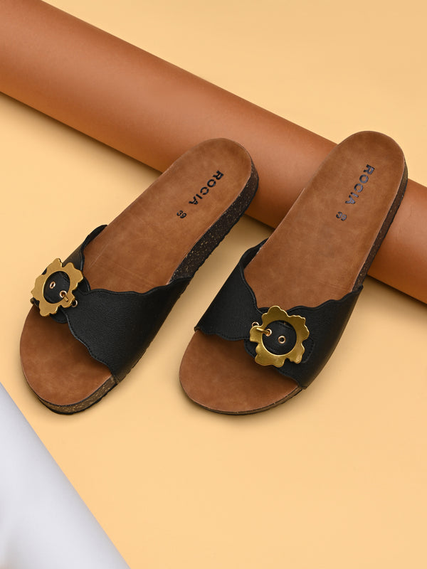Rocia By Regal Black Women Buckled Slider Flats