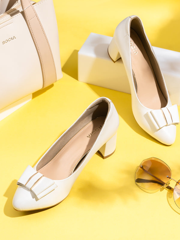 Rocia By Regal White Women Block Heel Pump With Bow Embellishment