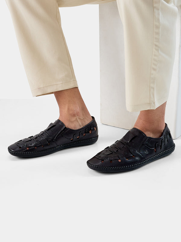 Regal Black Mens Stylish Leather Fisherman Shoes