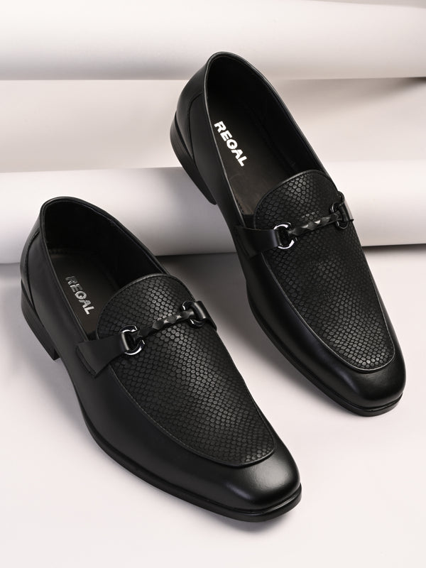Regal Black Mens Textured Leather Formal Buckled Slip Ons