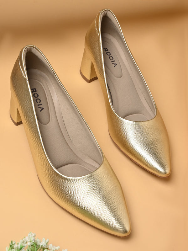 Rocia By Regal Gold Women Classic Block Heel Pumps