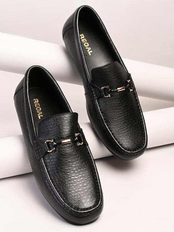 Regal Black Mens Textured Leather Buckled Loafers