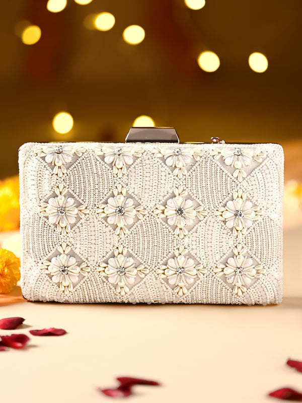 Rocia By Regal Ivory Women Hand Embroidered Metal Frame Clutch