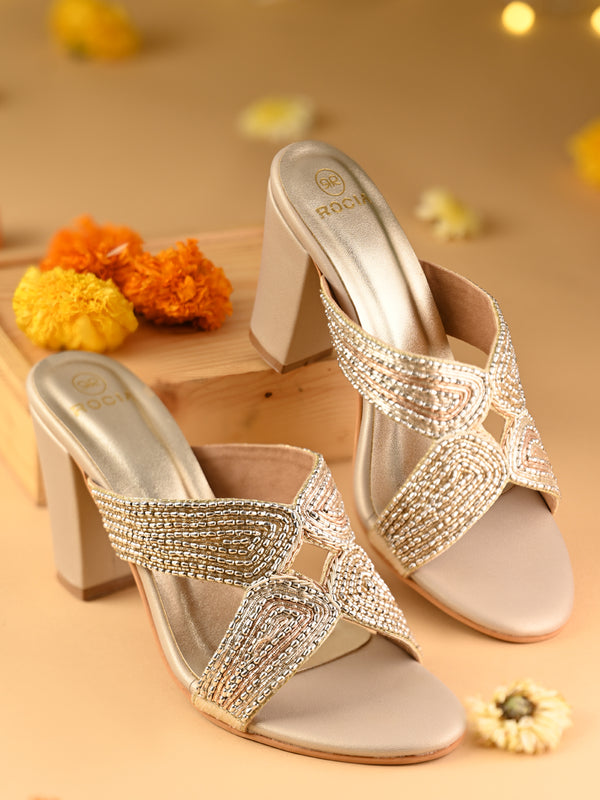 Rocia By Regal Gold Women Heavy Embroidered Block Heels
