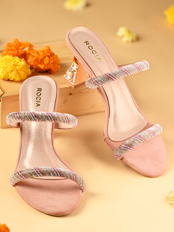Rocia By Regal Rose Gold Women Diamond Studded Jeweled Heel Stilettos