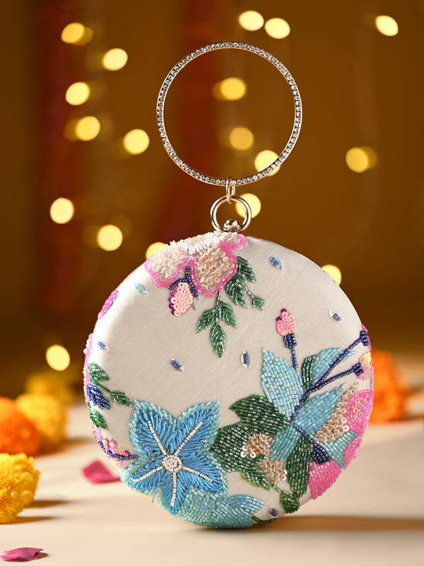 Rocia By Regal Cream Women Stylish Printed Round Metal Clutch