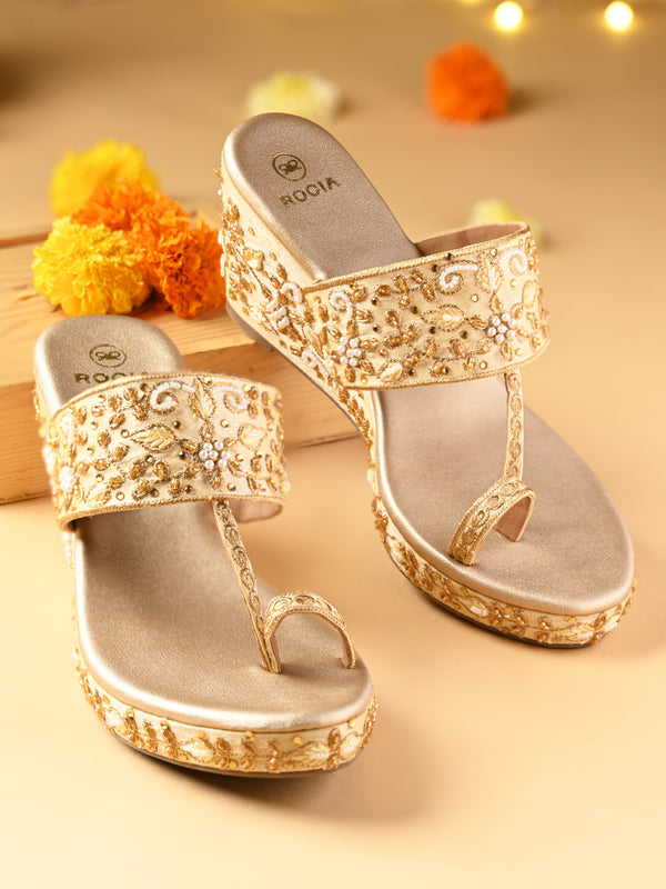 Rocia By Regal Gold Women Heavy Embroidered One Toe Platforms