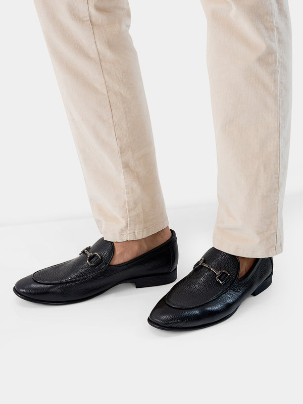 Regal Black Mens Textured Leather Buckled Slip Ons