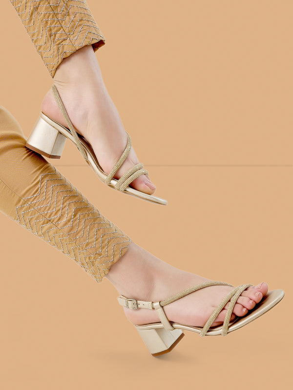 Rocia By Regal Gold Women Diamond Embellished Block Heel Sandals