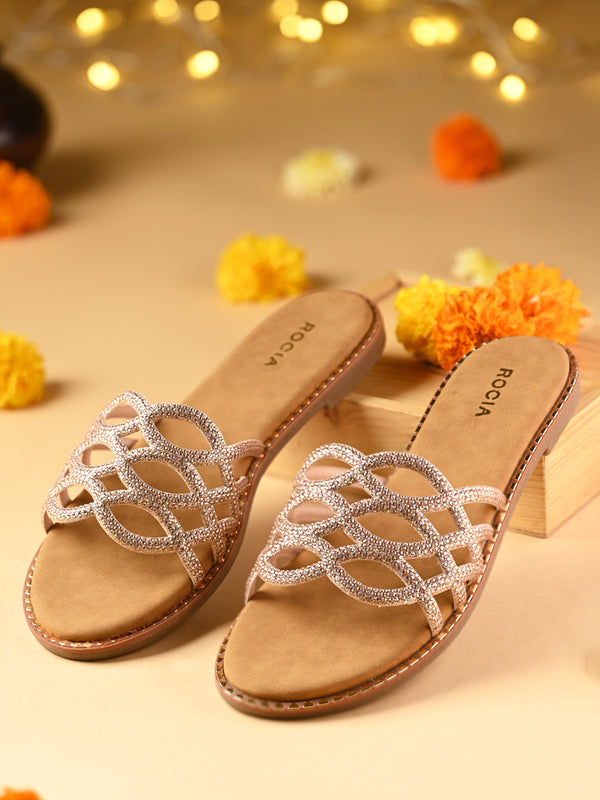 Rocia By Regal Rose Gold Women Diamond Embellished Criss Cross Flats