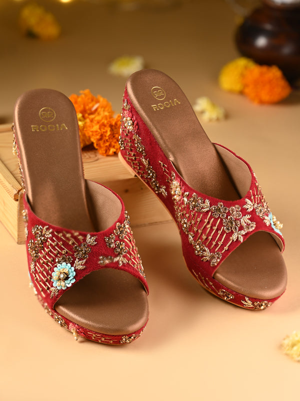 Rocia By Regal Maroon Women Heavy Embroidered Velvet Platforms
