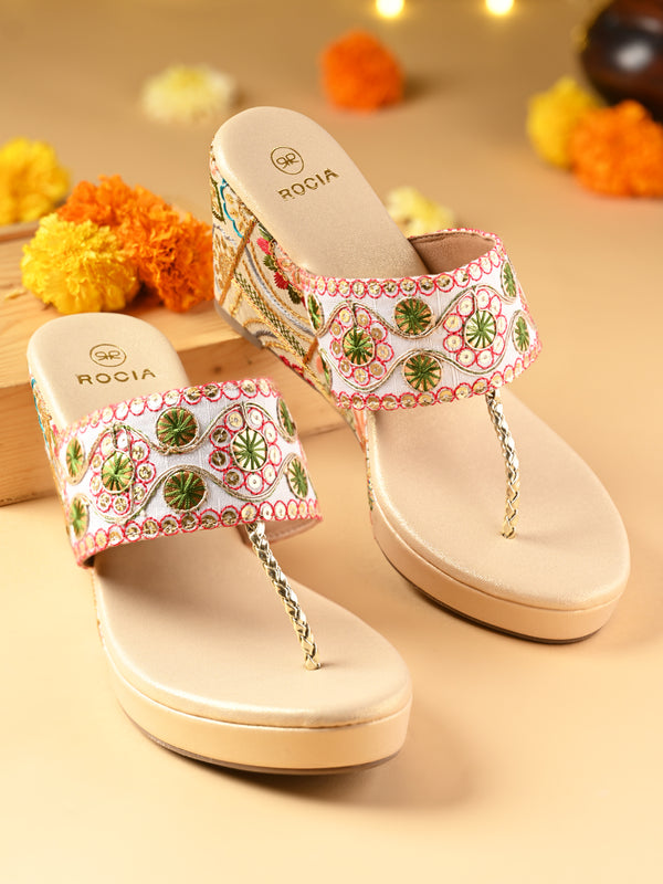 Rocia By Regal Gold Women Ethnic Lace Platforms
