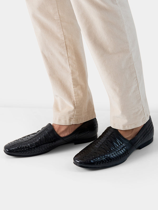 Regal Black Mens Stylish Leather Woven Slip Ons