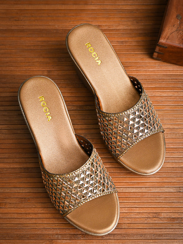 Rocia By Regal Antique Gold Women Diamond Embellished High Platforms