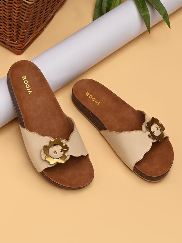 Rocia By Regal Cream Women Buckled Slider Flats