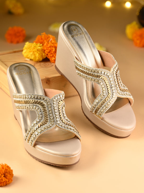 Rocia By Regal Gold Women H Embroidered High Fancy Platforms