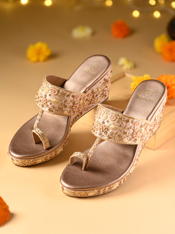 Rocia By Regal Rose Gold Women Heavy Embroidered One Toe Platforms