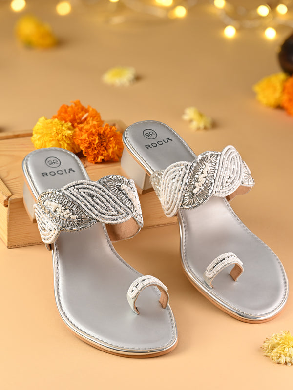Rocia By Regal Silver Women One Toe Embroidered Block Heels