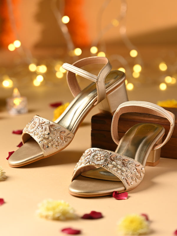 Rocia By Regal Gold Women Hand Embroidered Block Heel Sandals