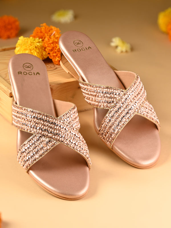 Rocia By Regal Rose Gold Women Embroidered Wedges