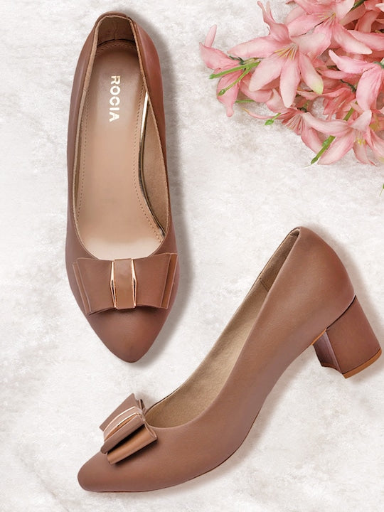 Rocia By Regal Chickoo Women Block Heel Pump With Bow Embellishment