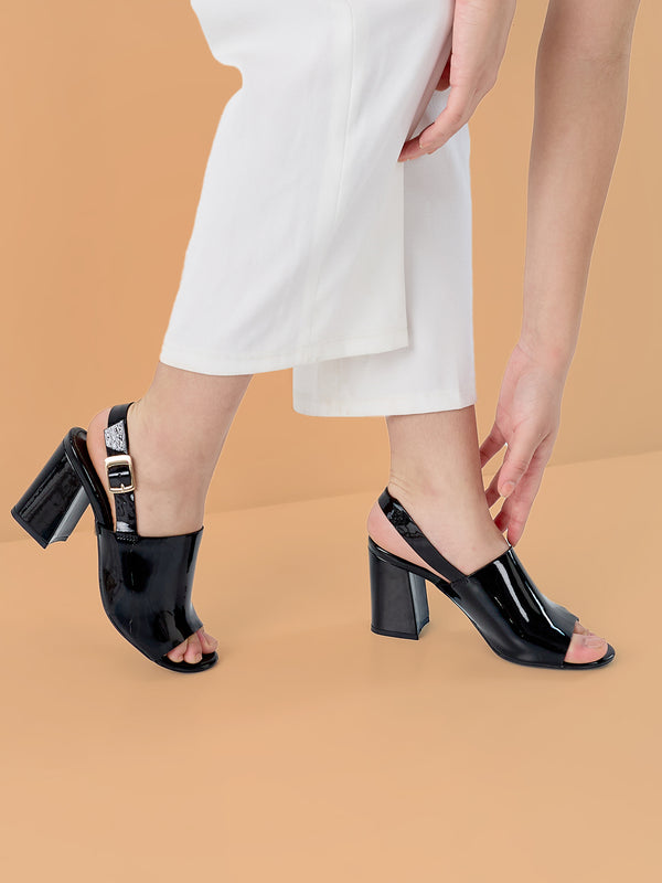 Rocia By Regal Black Women Patent High Block Heel Stylish Sandals