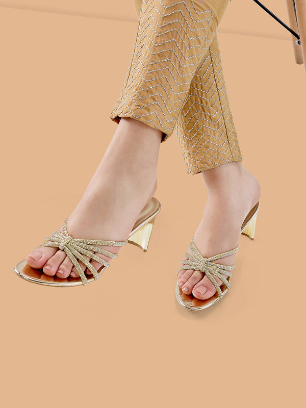 Rocia By Regal Gold Women Strappy Diamond Block Heels