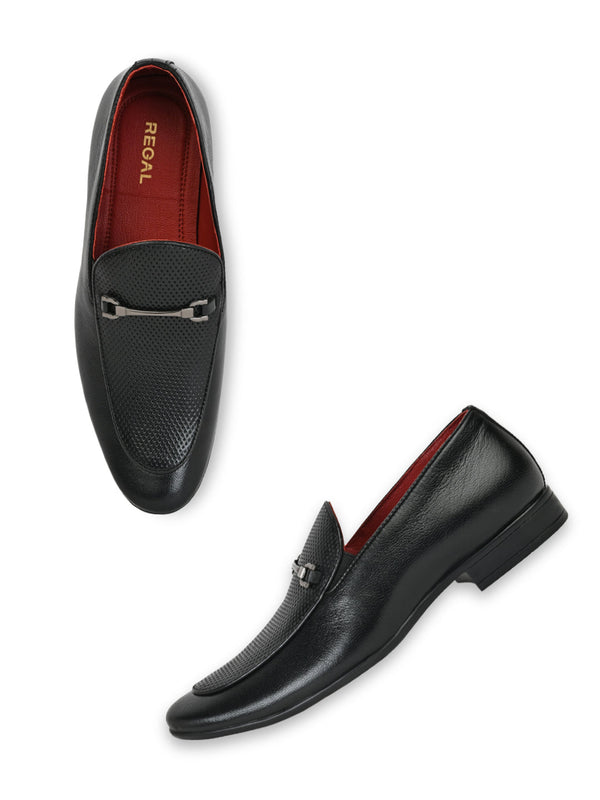 Regal Black Men Leather Laser Cut Formal Slip Ons