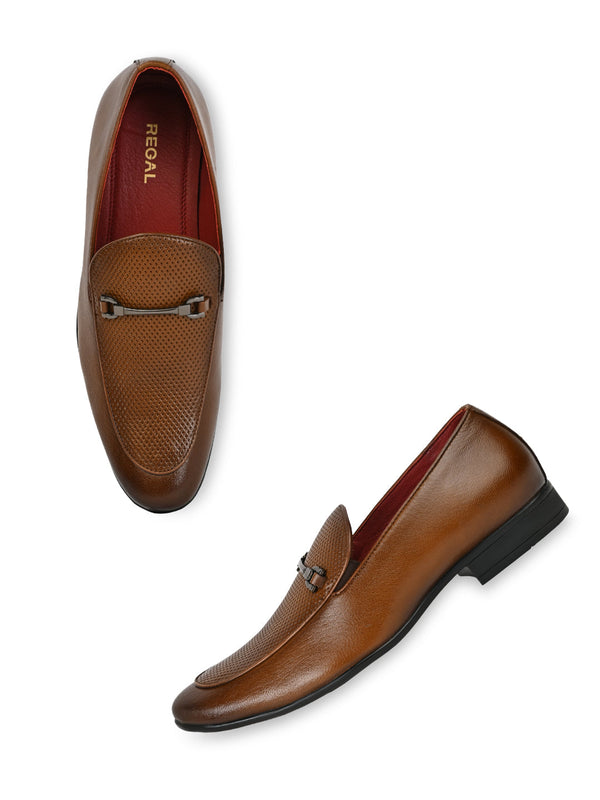 Regal Tan Men Leather Laser Cut Formal Slip Ons