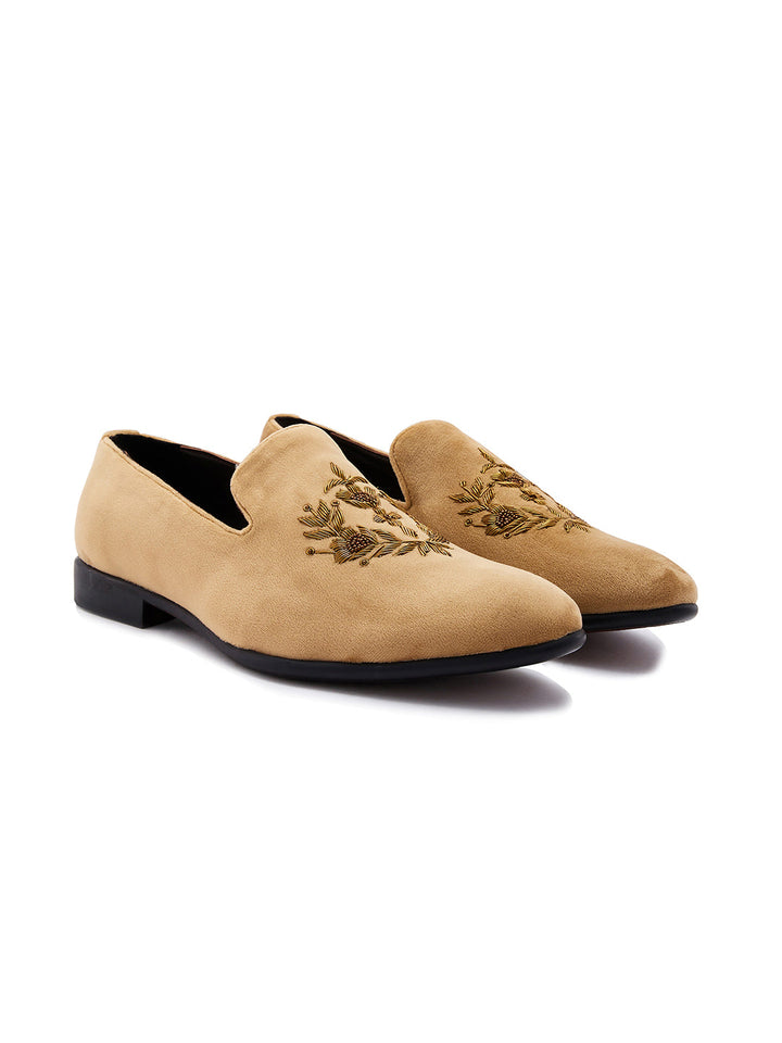 Regal Beige Men Embroidered Suede Loafers