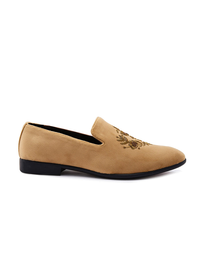 Regal Beige Men Embroidered Suede Loafers