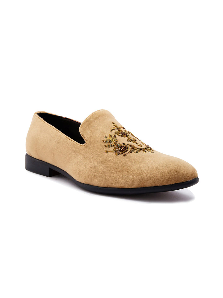 Regal Beige Men Embroidered Suede Loafers