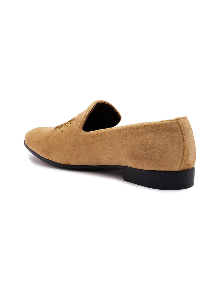 Regal Beige Men Embroidered Suede Loafers