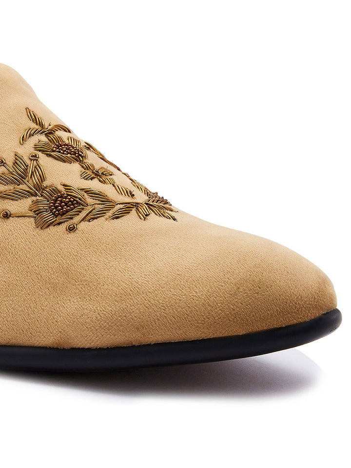 Regal Beige Men Embroidered Suede Loafers