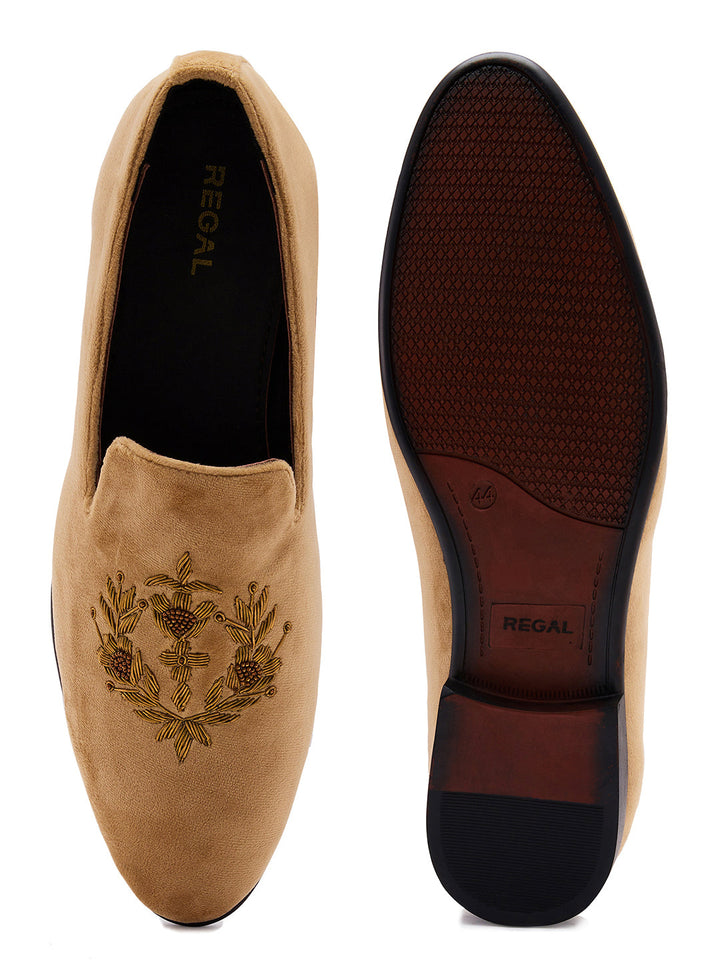 Regal Beige Men Embroidered Suede Loafers