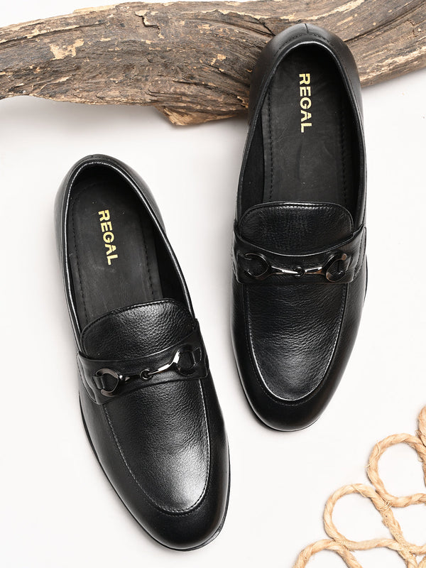 Regal Black Men Leather Buckled Slip Ons