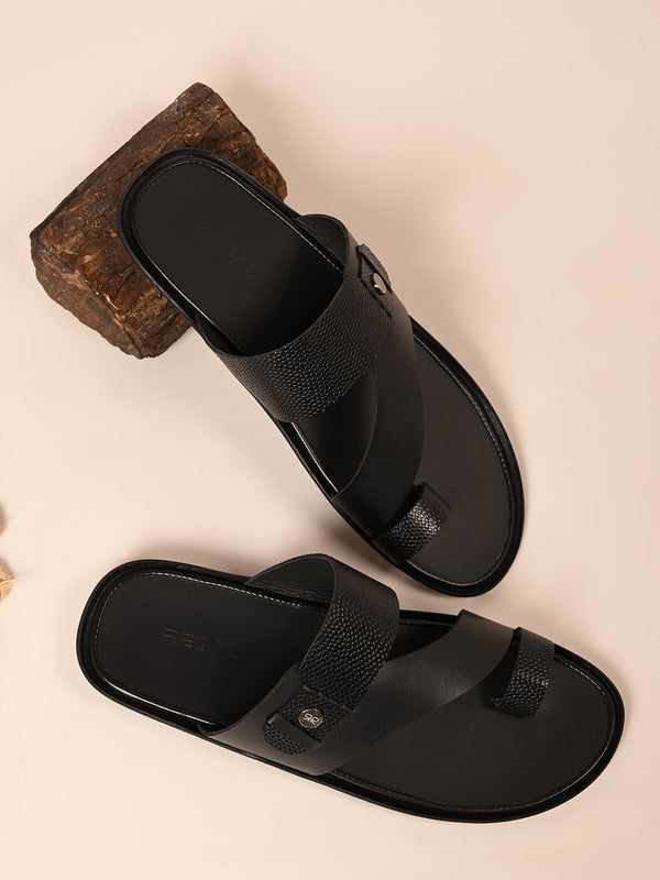 Regal Black Men Textured Leather Sandals