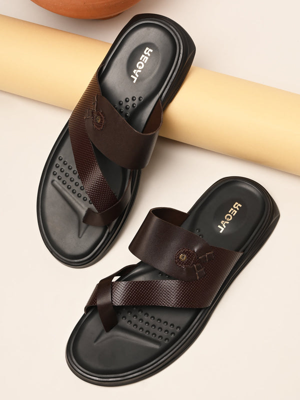 Regal Brown Men Textured Leather Sandals