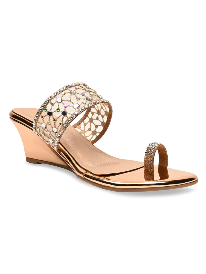 Shop Rocia By Regal Rose Gold Women Mesh Diamond Studded Fancy Wedges ...
