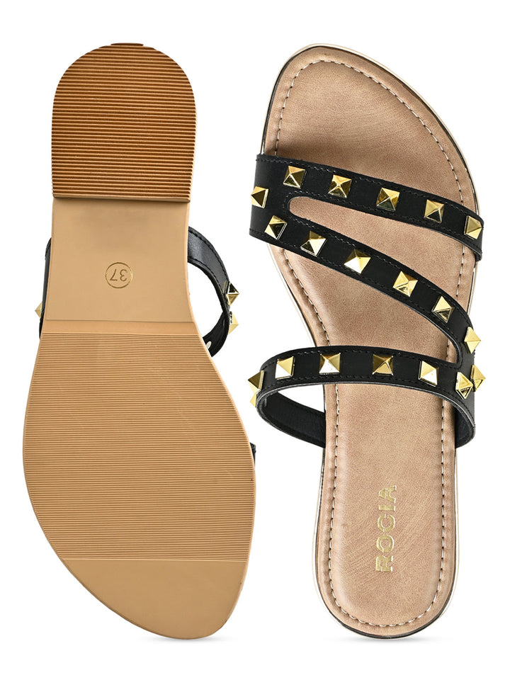 Rocia By Regal Black Women Zig Zag Studded Flats