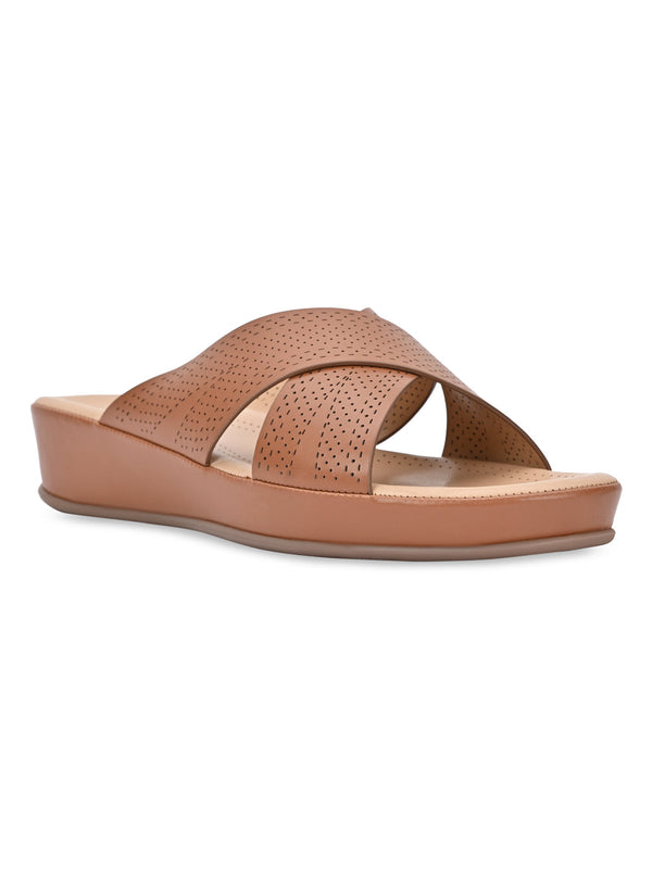 Rocia By Regal Tan Women Comfort Laser Cut Cross Strap Flats